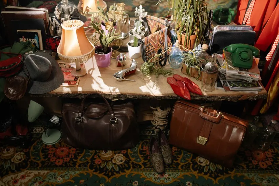 Cluttered shelves of vintage furniture, lamps, and household items typical of an estate sale